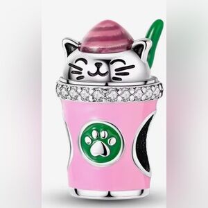 Pink & Silver Cat "Coffee Lover" Charm For Pandora Charm Braclets